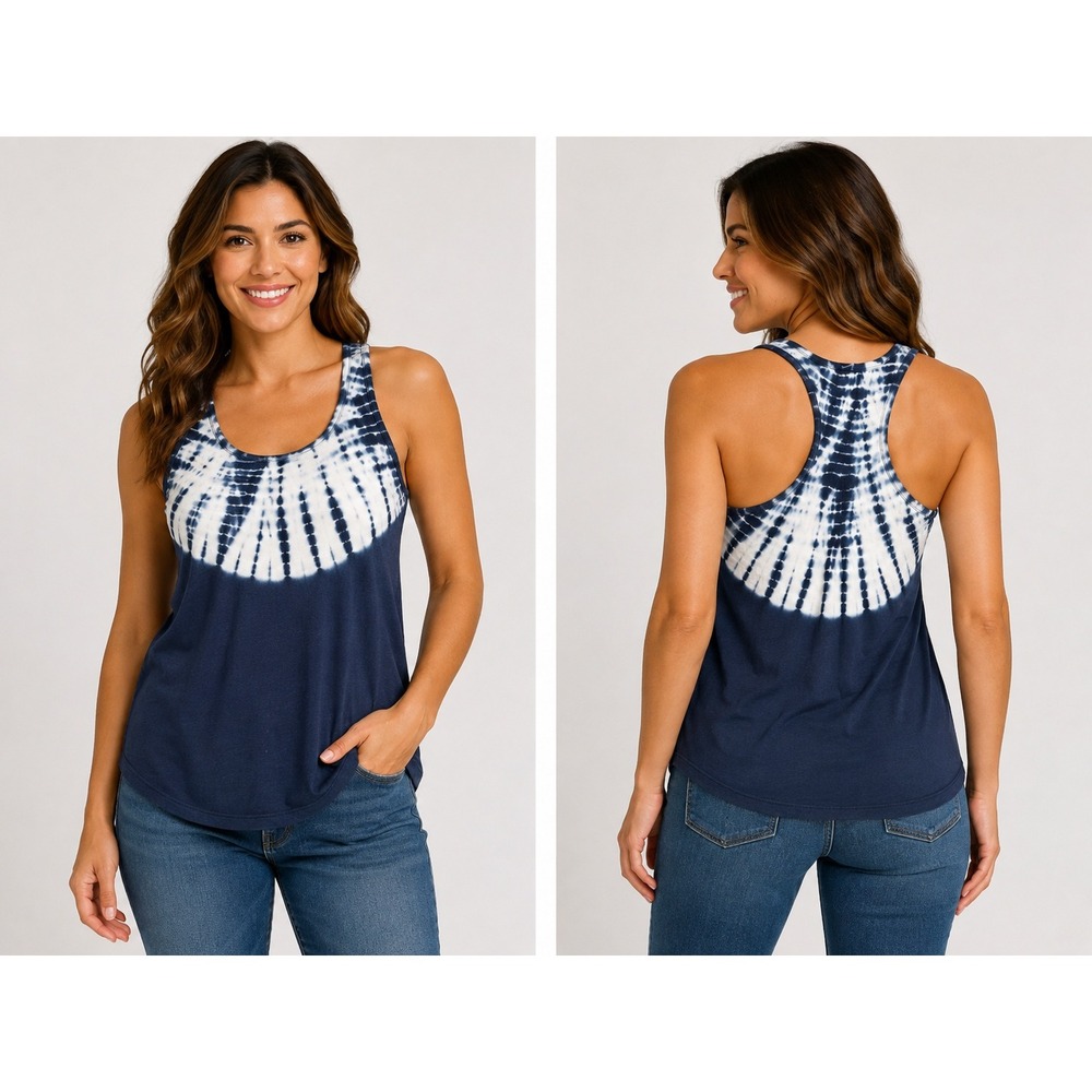 Michael Kors Navy Blue White Tie Dye Racerback Tank Top Large Cotton Modal Blend